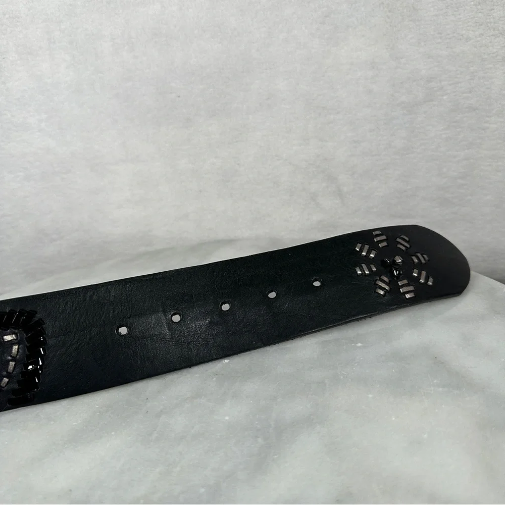 Brighton Black Leather‎ Belt Silver wide floral opera whipstitch bohemian biker